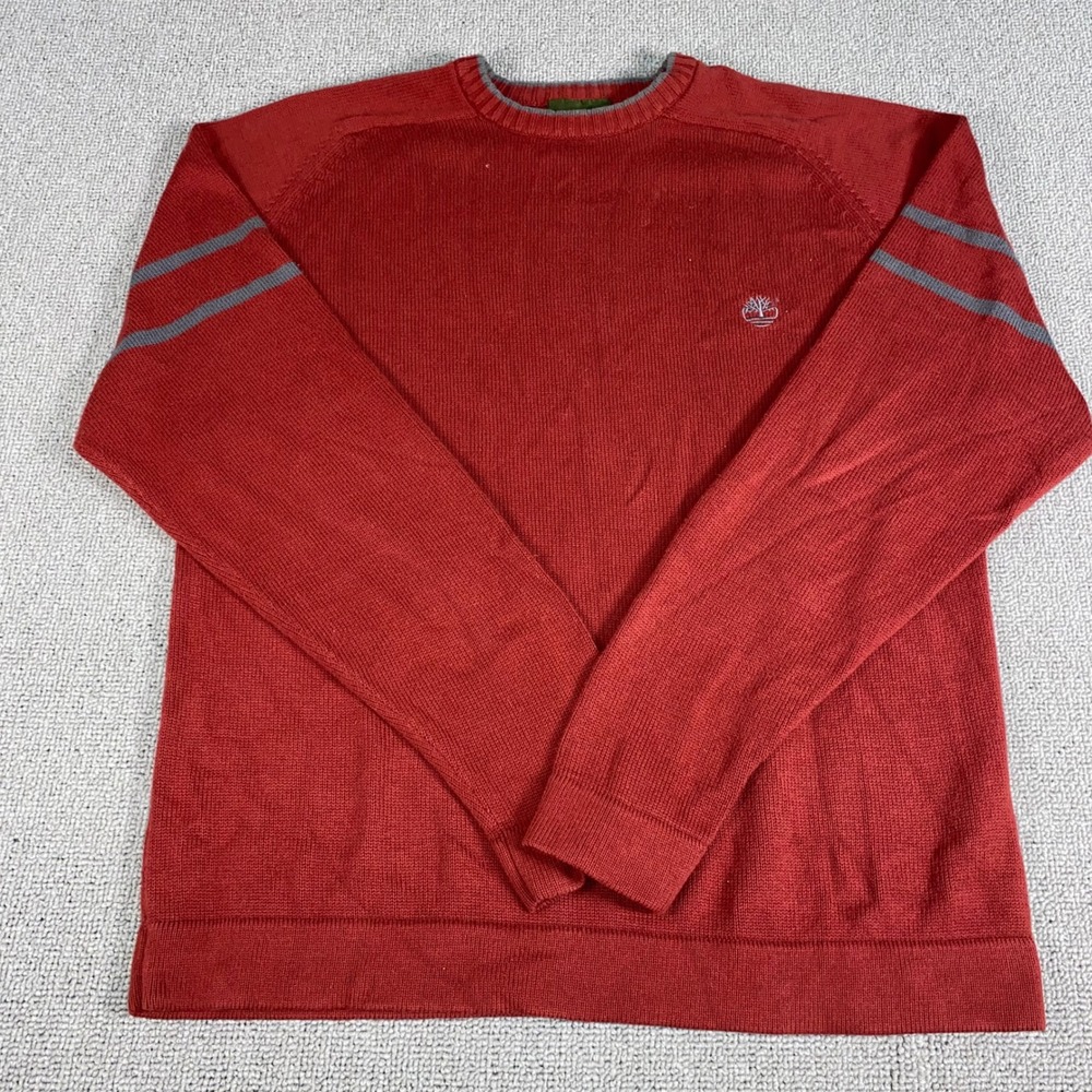 Timberland Crewneck Sweater Mens Large Red Grey Stripe Cotton Knit Pullover Logo